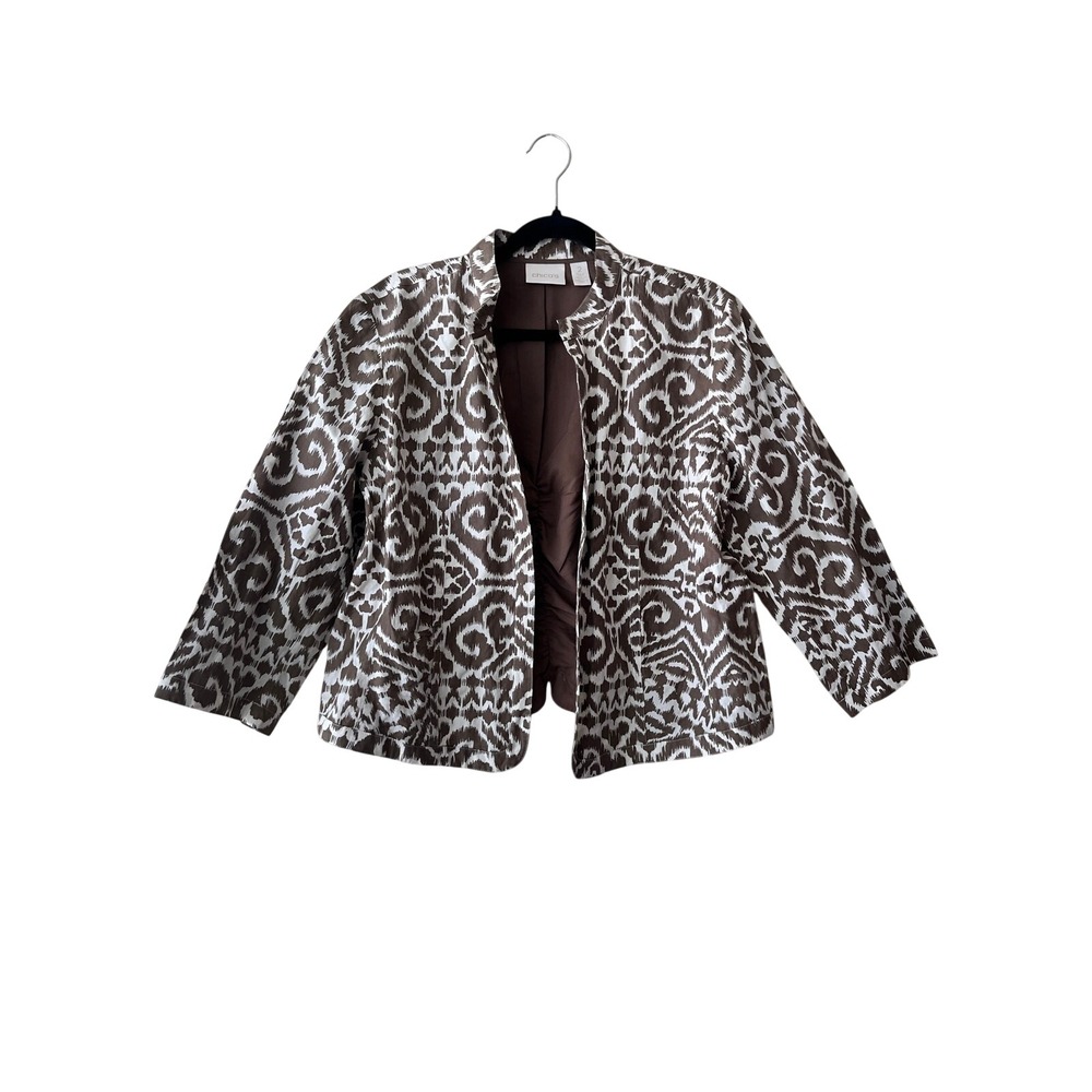 Chico's Open Front Jacket Womens Brown White Ikat Damask Print Size 2 (Large)